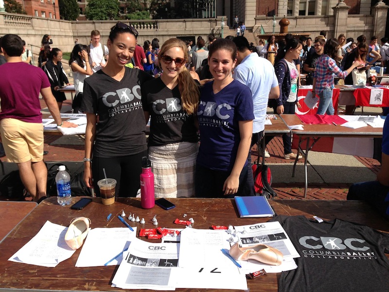 CBC dancers Brianna Hill, Gretchen Schmid, and Rachel Silvern recruit new members at Columbia UniversityaAAAAAAAAAAs annual Activities Fair.
